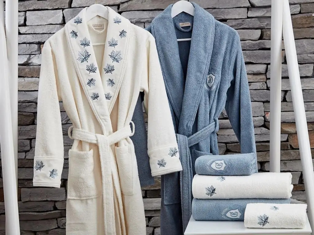 

Lace Leaf embroidery cotton bathrobe set cream blue