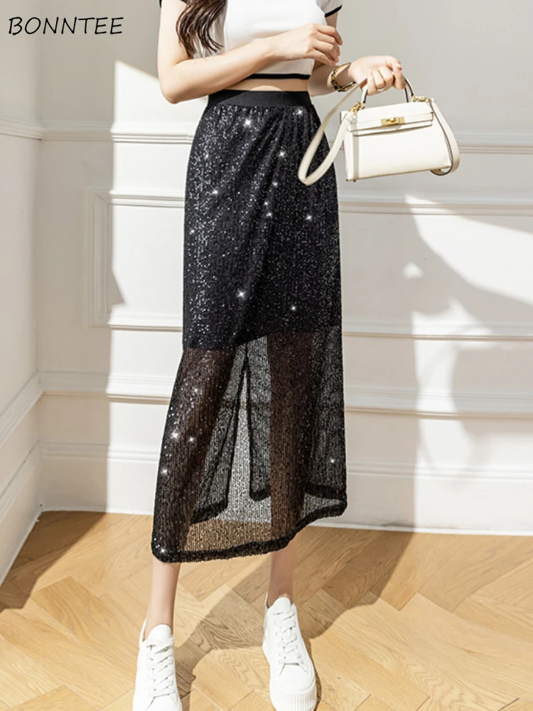 

Midi Skirts Women Elegant Retro Sequined Design All-match Summer Fashion Simple Daily Casual Ulzzang Vintage Female Breathable