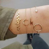fashion gold color leaves bracelet set for women metal lightning moon round open cuff bangle girl trend jewelry