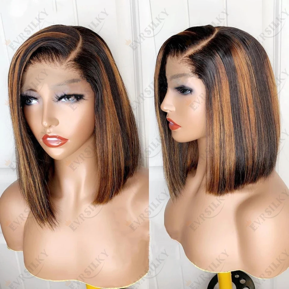 

Ombre 13x4 Lace Front Human Hair Short Bob Wig Highlight Straight Glueless Brazilian Pre Plucked Virgin 5x5 Closure Wig