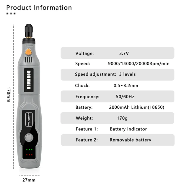 DONUMEH Cordless Drill Mini Grinder Rechargeable Removable Battery Engraving Variable 3 speed adjust Rotary Tool Dremel Engraver 2