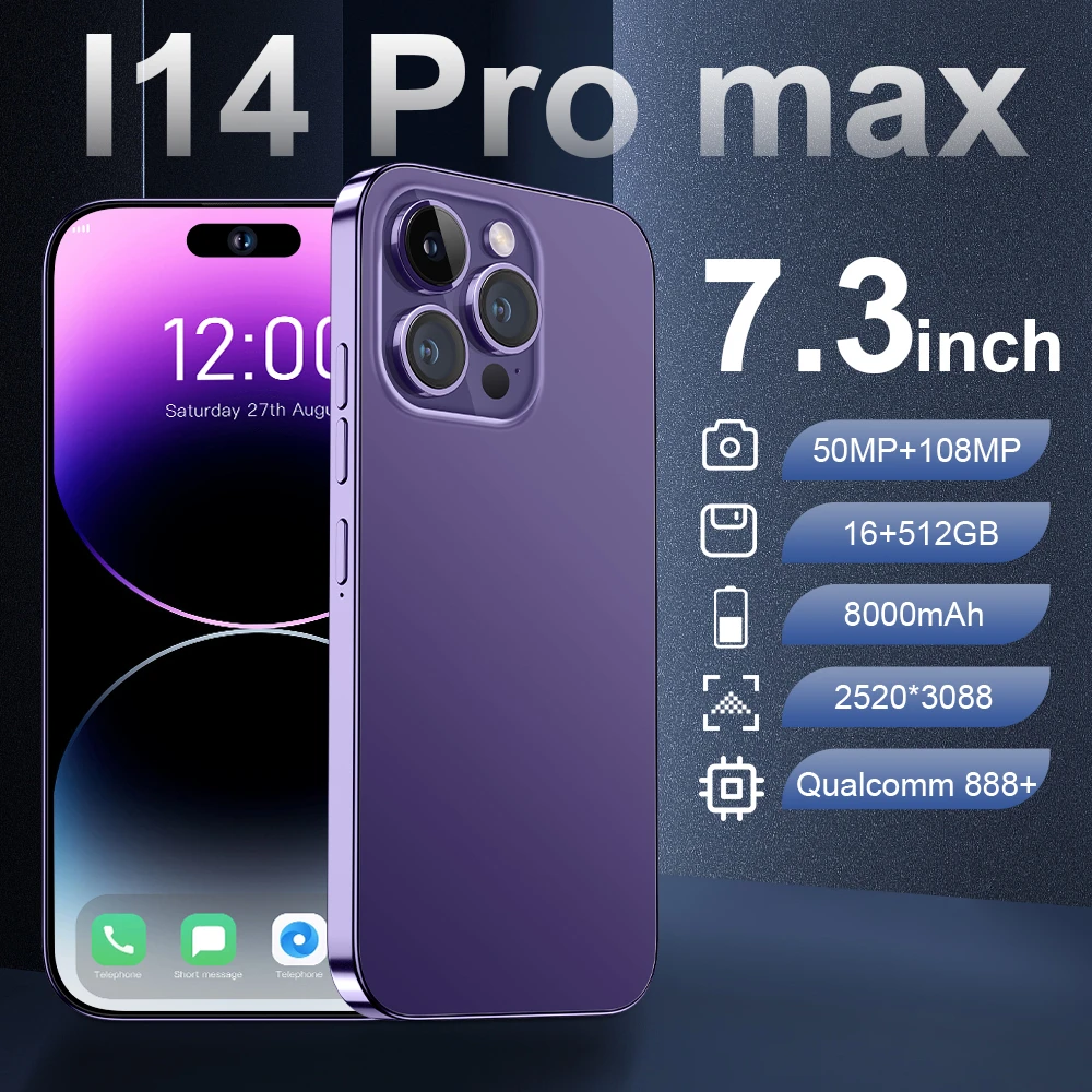 

Global Version New Smartphone I14 Pro Max 7.3Inch 16GB+512GB 50+108MP Cell Phones 4G /5G Network Unlock Android13 Mobile Phones