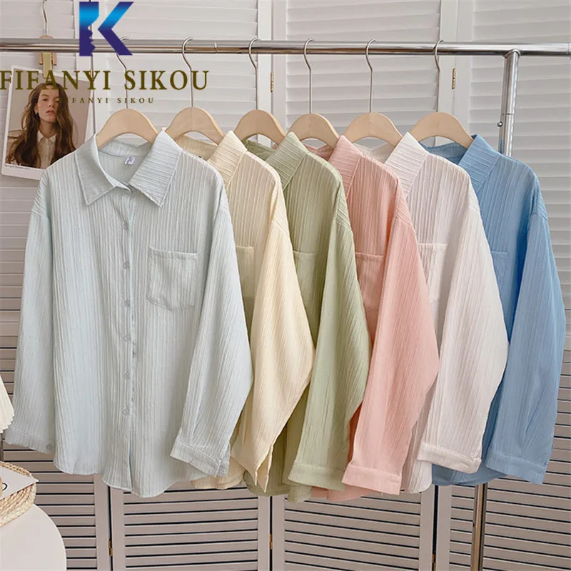 

Korean Casual Shirt Women Single Breasted Pocket Lapel Long Sleeve Shirts Spring Loose High Quality Womens Tops And Blouses