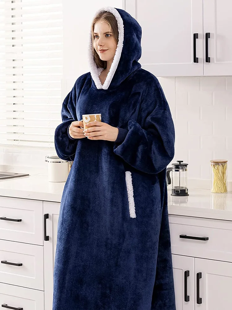 

Зимняя толстовка с капюшоном, одеяло с рукавами для женщин и мужчин, большой теплый плюшевый свитер с капюшоном, повседневный Свободный Пушистый пуловер с капюшоном для пары