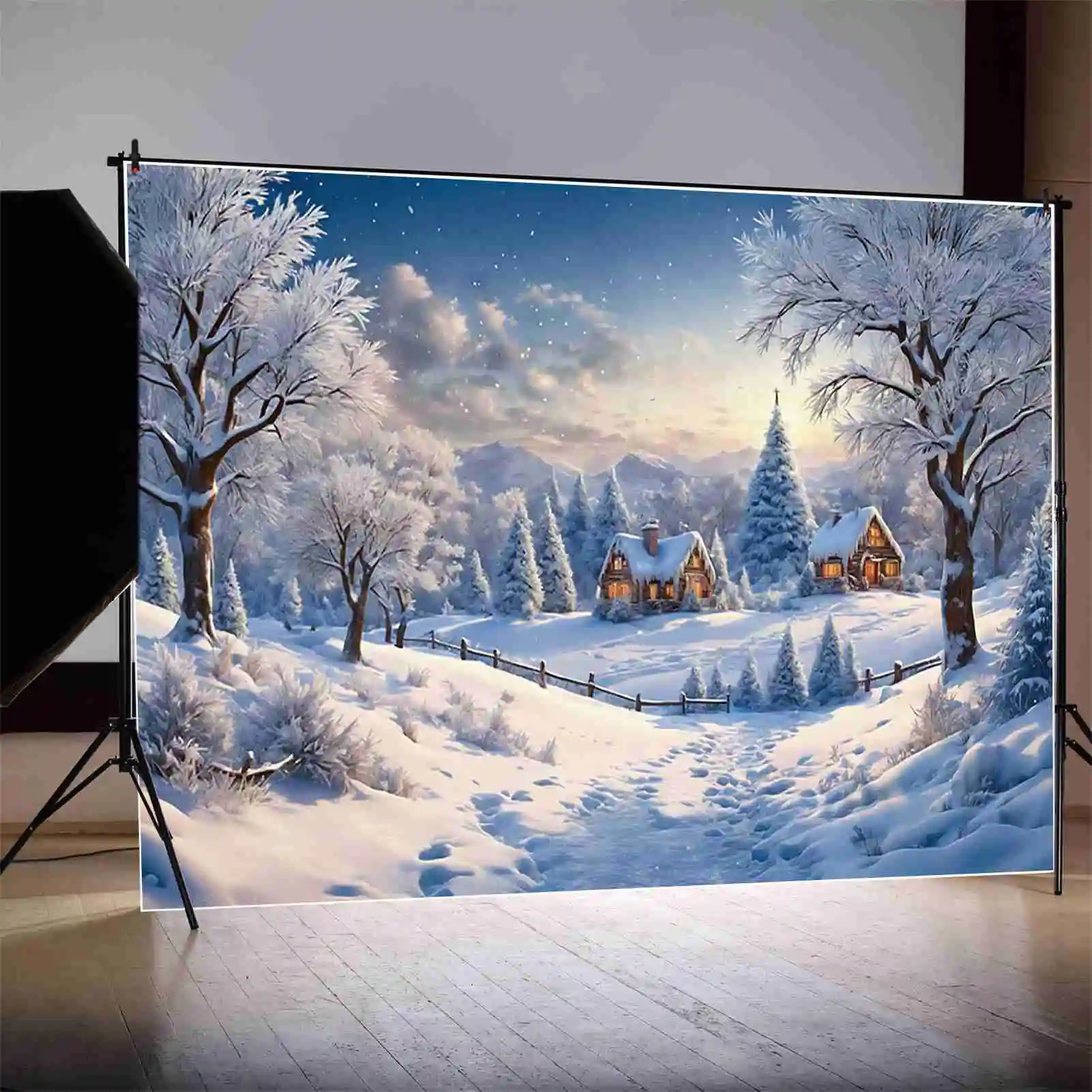 MOON.QG Christmas Village Snow Winter Houses Background Pine Tree Home Decoration Backdrop New Year Photography Studio Supplier