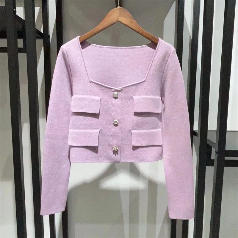 Женский винтажный шерстяной вязаный кардиган с квадратным вырезом