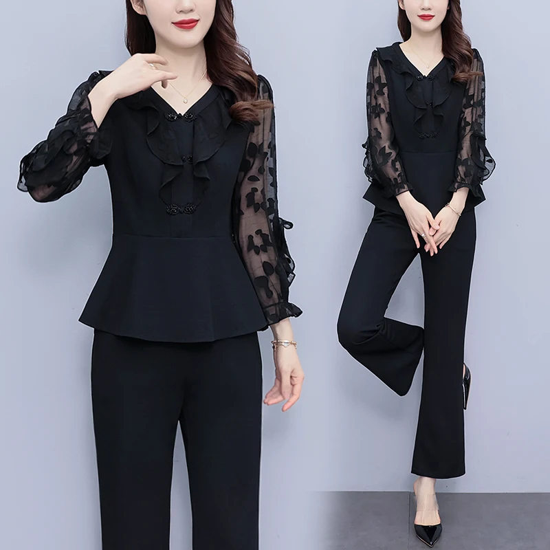 

Black Ruffles Outfits Women Casual Two Piece Set Autumn Street Blouse Tops And Pants Set Suits 2pcs Outfits