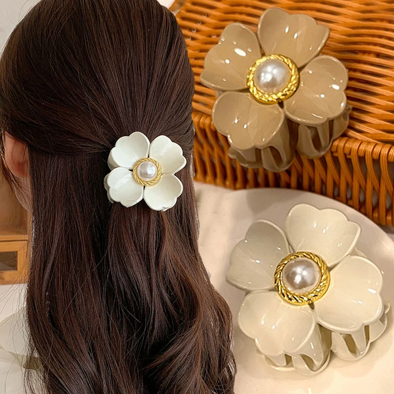 

Elegant Flowers Pearls Hair Claws Crabs Clips Solid Color Hair Clamps Ponytail Barrettes for Women Hair Accessories Headdress