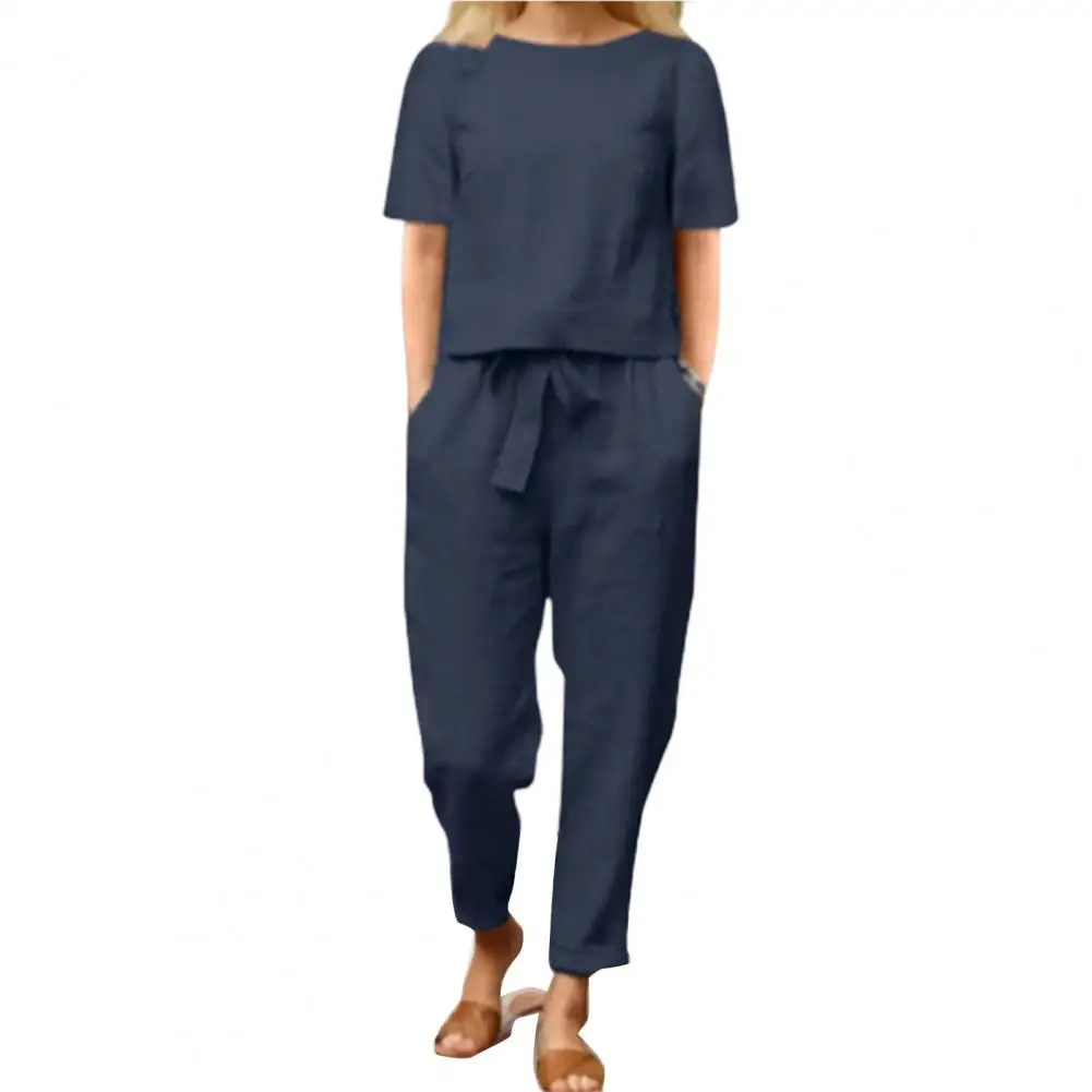 

Femme Holiday Elastic Vintage Sets T-shirt Pants Set Solid Color Lace-up Summer Crew Neck Bow-knot Matching Set