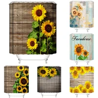 yellow floral sunflowers shower curtain autumn rustic wooden plank farmhouse plant leaves bathroom country fabric bath curtains