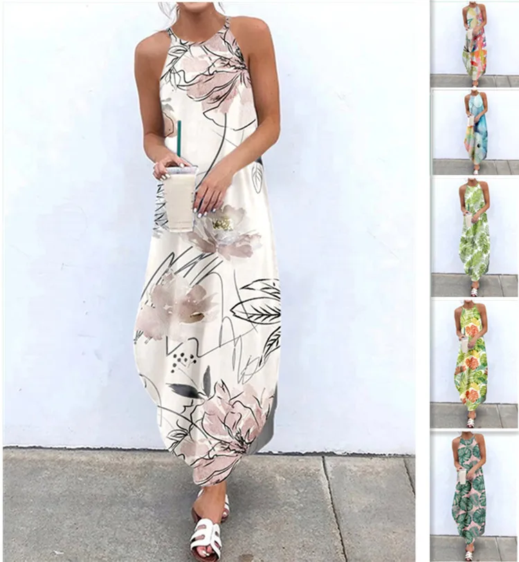 

Elegant Maxi Dress Flower Sexy Ladies Summer 2022 Fashion Round Neck Slit Sling Party Dress S-XXXL