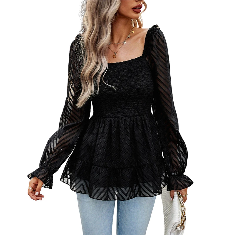 

Женские блузки и топы, осень 2023, прозрачные текстурированные топы с оборками и длинным рукавом, элегантная женская рубашка, модная офисная одежда