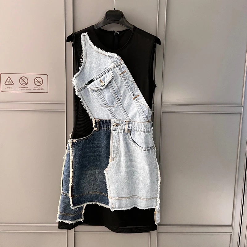 

Top Quality 2023 Latest Light Blue Jeans Patchwork Sleeveless Button Pockets Mini Dress Women Office Lady Daily Outfit
