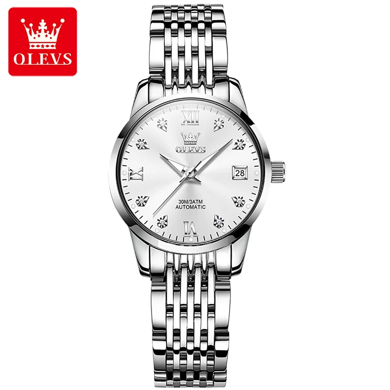 OLEVS 2023 New Casual Fashion Women Mechanical Watches Simple Calendar Display Clock 30M Waterproof Steel Band Luminous 6673