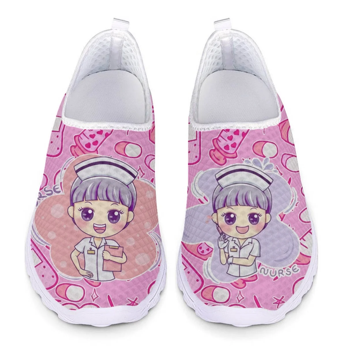 

INSTANTARTS Cute Cartoon Nurse Print Pink Nursing Shoes Women's Comfortable Flat Shoes Non-slip Running Shoe Summer Mesh Sneaker