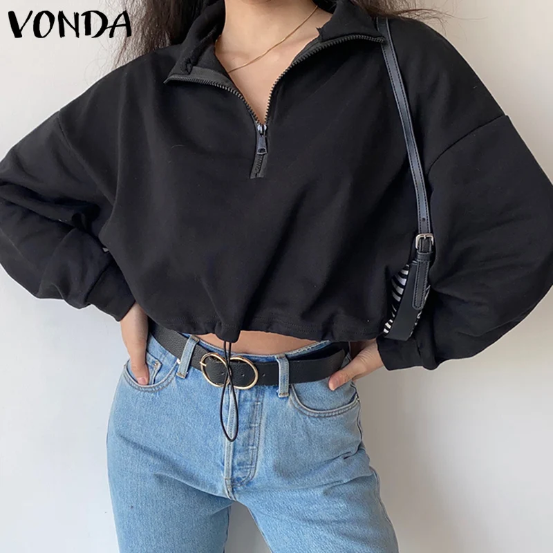 

VONDA Women Casual Drawstring Waist Solid Sweatshirts Autumn Crop Top Turn Down Collar Short Sweatshirt Oversized Party Blusas