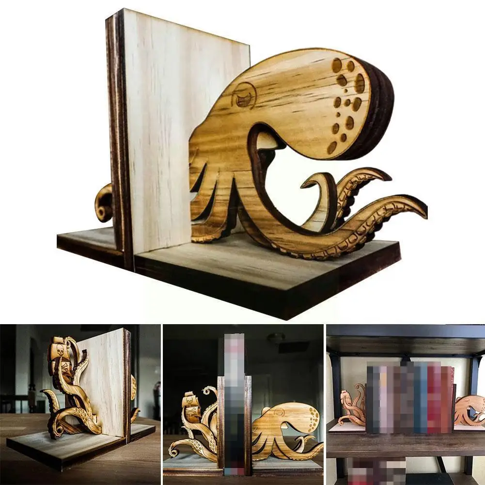 

Wooden Octopus Bookends Desktop Organizer Office Home Bookrack Ends Bookends Holder Accessories Stand Book Shelf Stationery W6f5