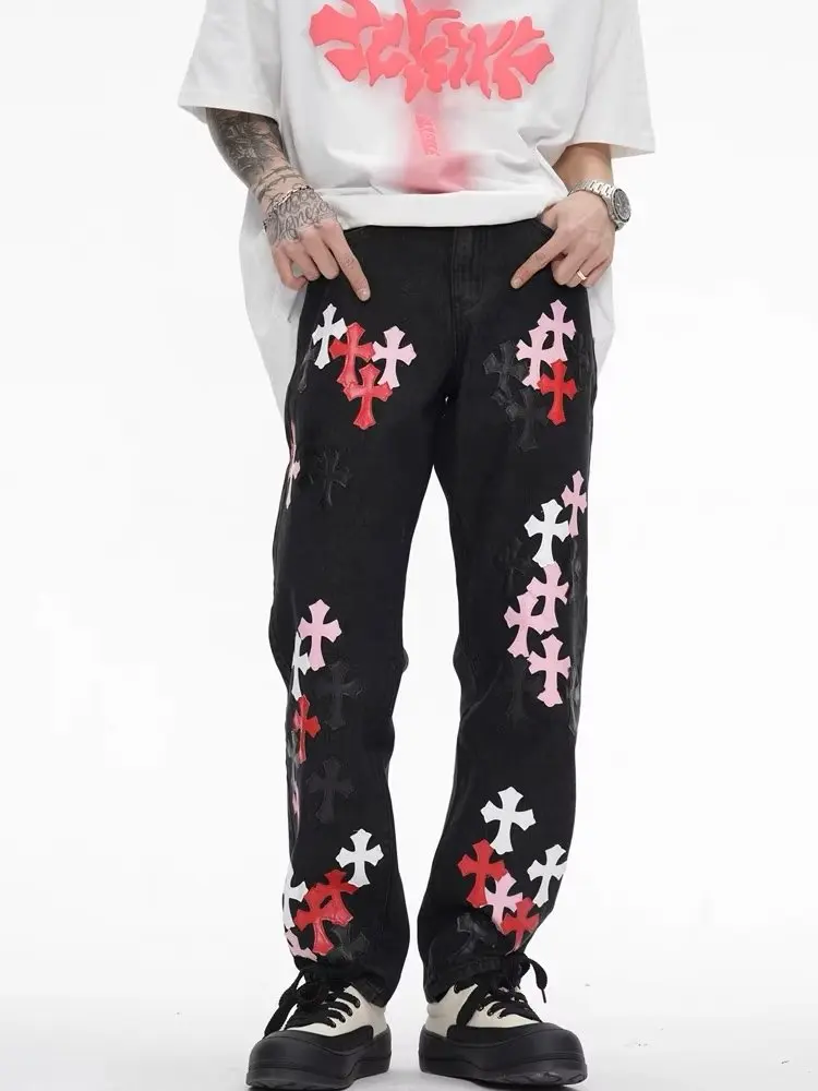 American Y2K jeans high street  PUleather cross  print washed jeans men ins trend retro Hip Hop High Street  Retro Wide Leg deni