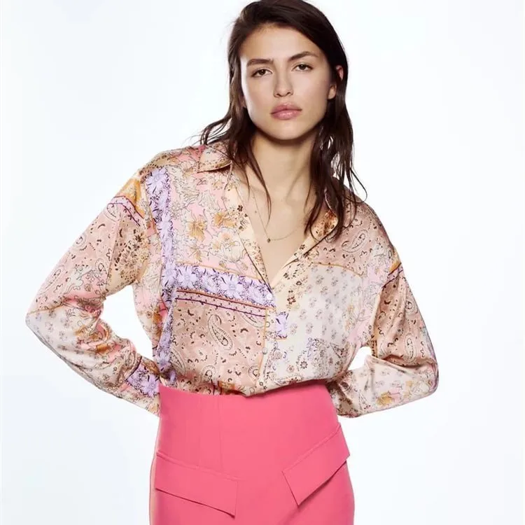 

Женская атласная рубашка с принтом, элегантная рубашка с длинным рукавом и драпировкой, весна