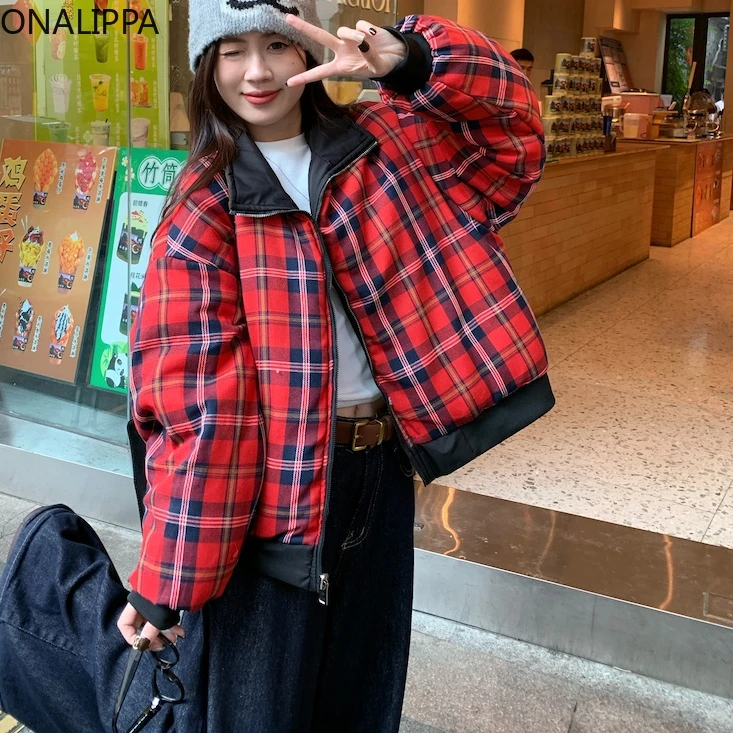 Женское Стеганое пальто Onalippa красное двухстороннее свободное зимнее с высоким