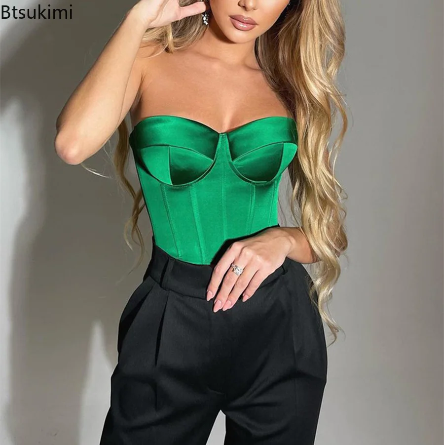 

2022 Strapless Tube Satin Crop Top Corset Green Sexy Summer Cami Y2K Sleeveless Black Fashion Women Tank Tops Bustier Woman