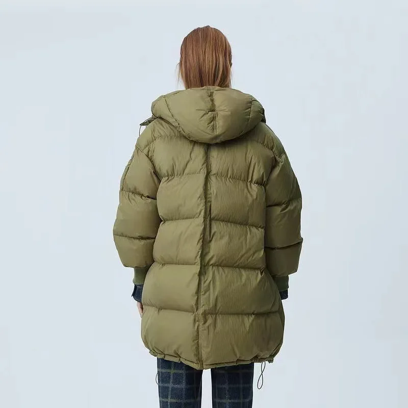 Autumn and Winter Down Jacket White Duck Down Loose Women's Long Knee-length Hooded Thickening Warm Hundred Take Cotton Jacket