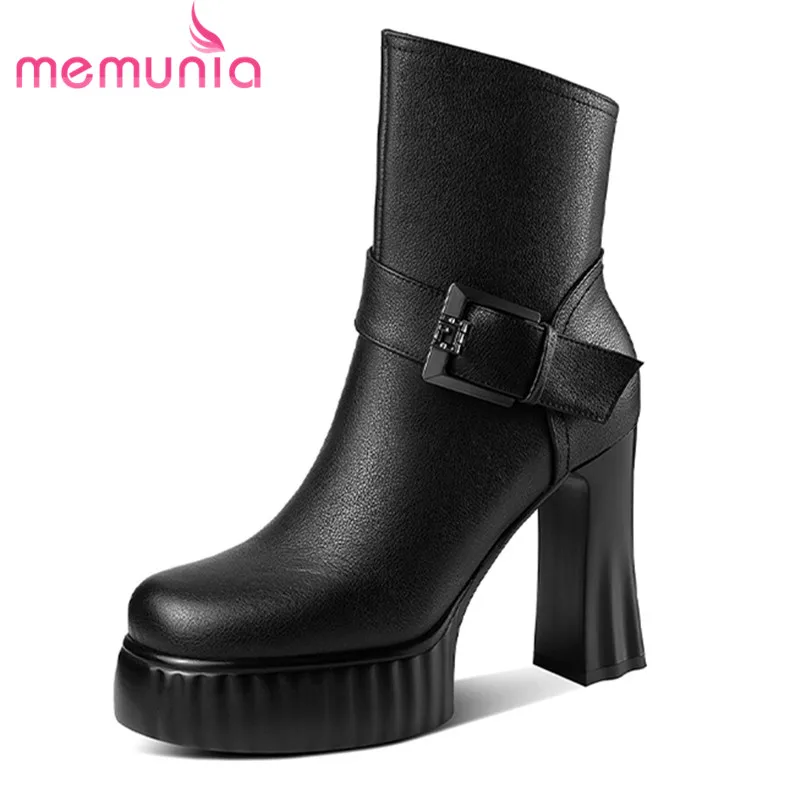 

MEMUNIA 2023 New Size 33-40 Genuine Leather Winter Boots Woman Fashion Ladies Ankle Boots Zipper Thick High Heels Platform Shoes