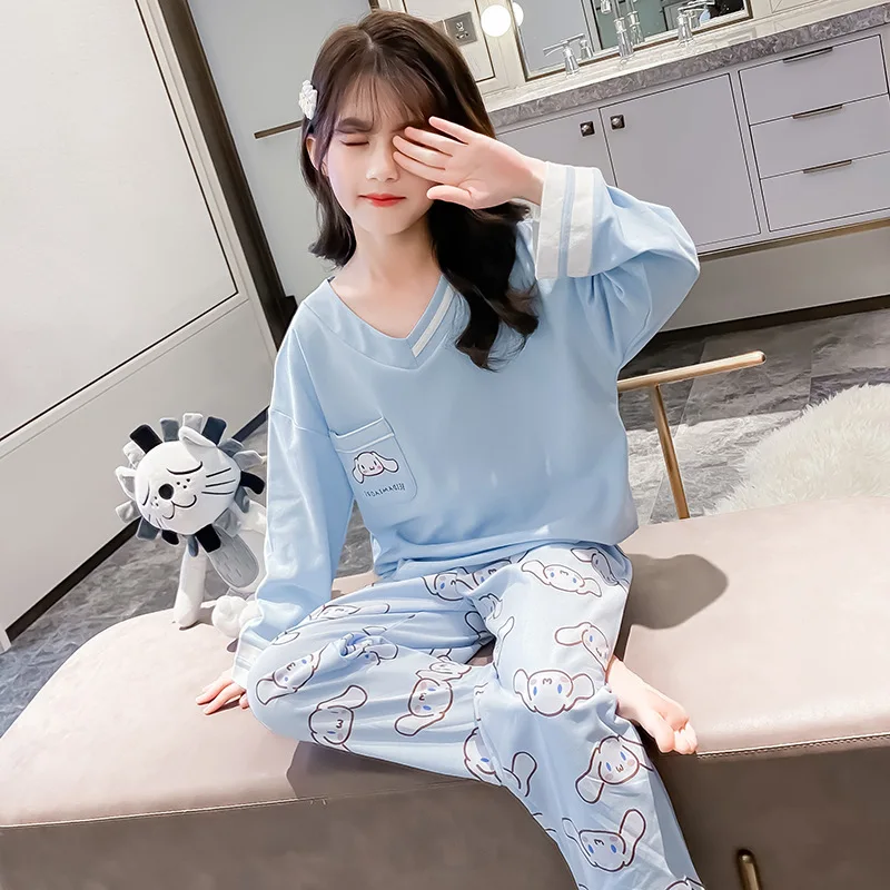 

Sanrio Anime Cinnamoroll Kids Pajamas Kawaii Cotton Long-Sleeved Sleepwear Casul Lounge Set Plaid Pants Pajamas Home Fashion