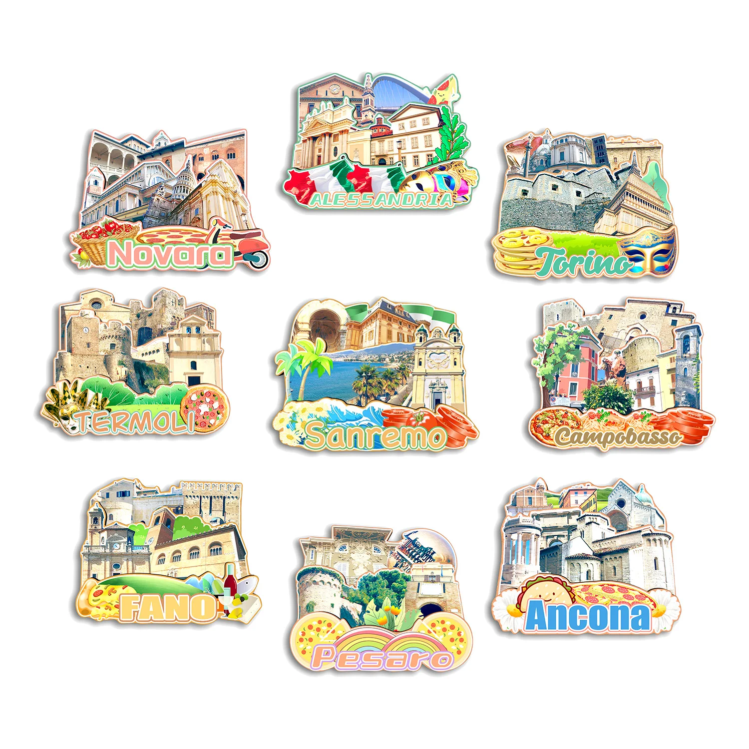 Sanremo Ancona Pesaro Fano Campobasso Termoli Torino Novara Alessandria Италия Магнит на холодильник Путешествия