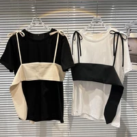 2022 summer new strap two piece t shirts loose short sleeve t shirt for women high street t shirts woman tshirts students tees