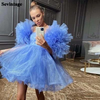 sevintage a line organza short sleeves pom dresses ruffles formal party dress above knee mini cocktail women engagement gowns