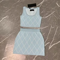 women sleeveless short o collar vest and elastic skirt suits with rhombic chequer light blue color elegant casual 2022 summer