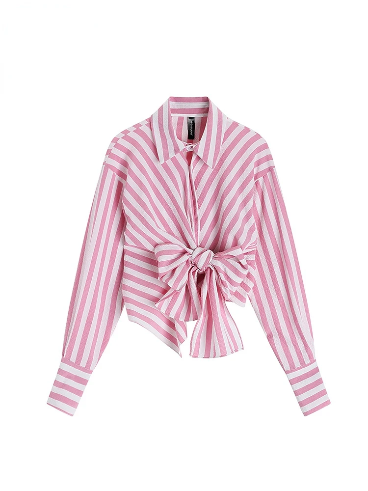 

Women's Blouse Shirt Long Sleeve Tops Pink 2023 Korean Fashion Striped Shirts Y2k Loose Polo Shirt Ladies Chic Elegant Vintage