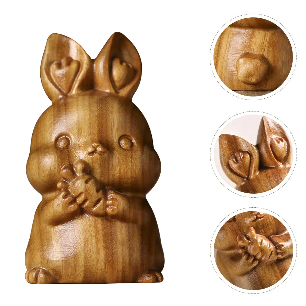 

Rabbit Bunny Wooden Figurines Decor Animal Wood Ornament Desktop Chinese Ornaments Statues Sculpture Toys Zodiac Statue Figure