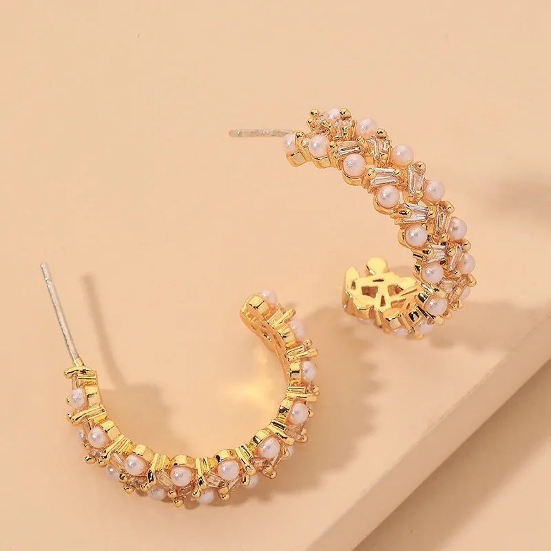 

European and American Women's Design C- Shaped Pearl Rhinestone Earrings All-Match Earrings Beautiful Earrings