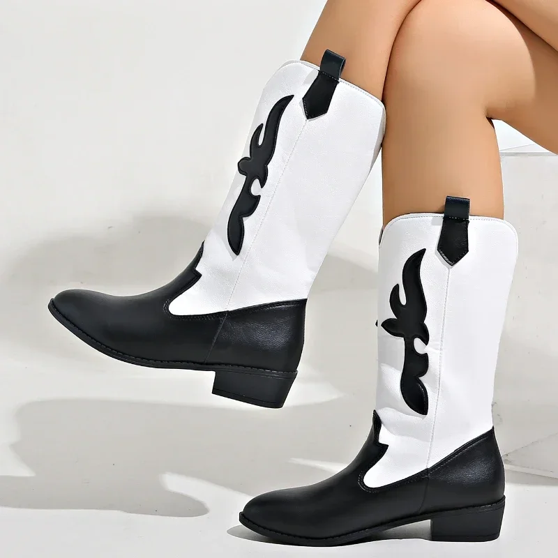

Женские ковбойские ботинки в стиле ретро, кожаные короткие Ковбойские Сапоги до середины икры, с острым носком, на толстом каблуке, Уличная обувь, зима