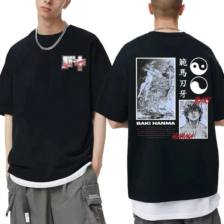 

Anime Mens Hip Hop Oversized Tee Short Sleeve Baki The Grappler Yujiro Hanma Double Sided Print T Shirt Men Women Casual T-shirt
