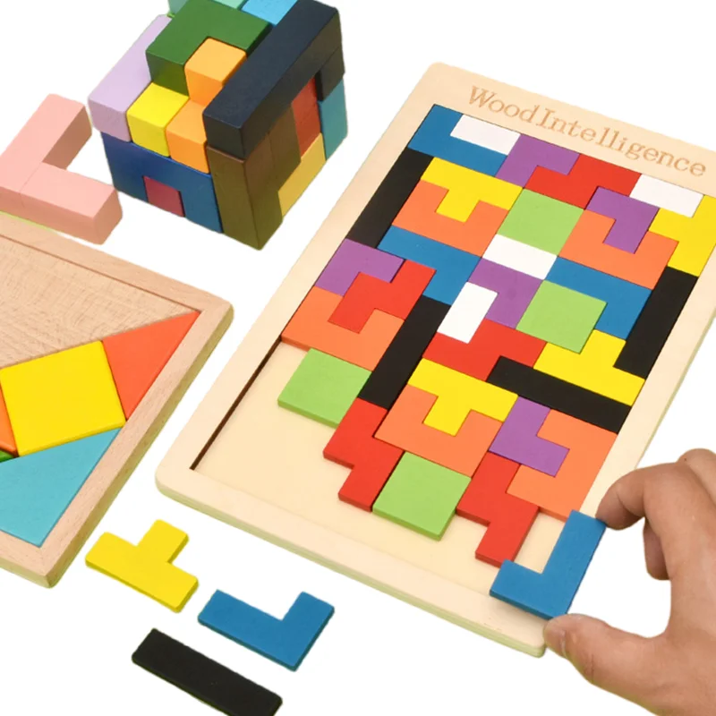 Colorful 3D Puzzle Wooden Tangram Math Toys Cube Game Children Pre-school Magination Shapes Puzzle Educational Toy for Kids