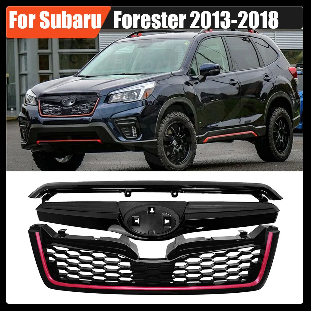 

GLoss Black W. Red Strip ABS Sti Style Front Grill Mesh Kit Upper Bumper Grille Racing Grills For Subaru Forester 2013-2018