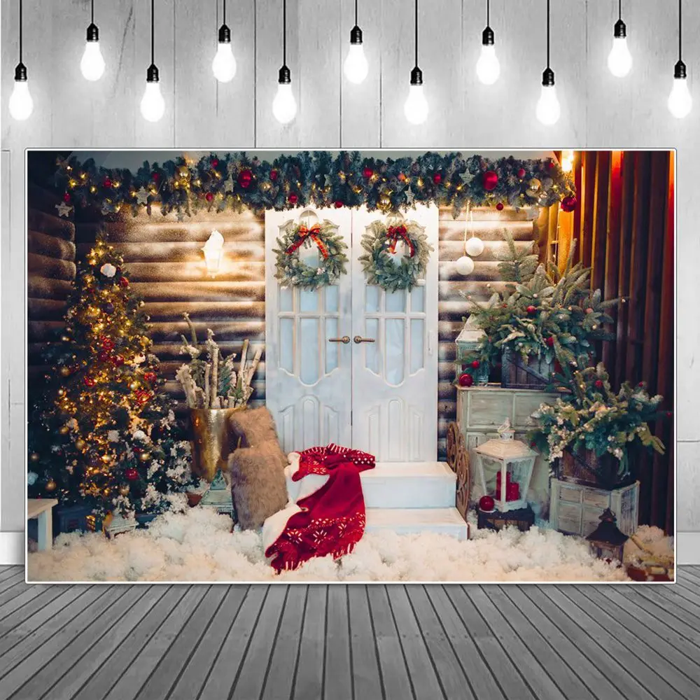 

Christmas Home Studio Room Door Decoration Photography Backdrop Wooden House Gate Tree Charms Lamps Snow Floor Photo Background