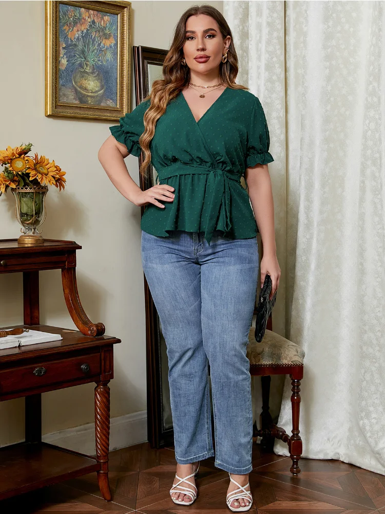 Summer dark green V-neck lantern sleeve waist up shirt plus size feminino  tee shirt femme grande taille