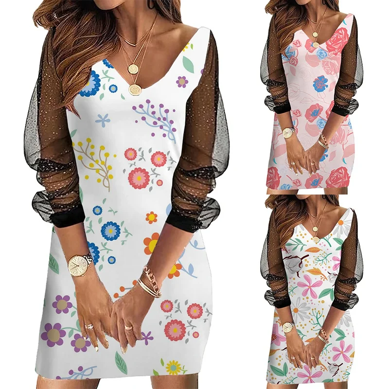 

Fashion Dress Women's Sexy Metal Strap Flower Art Print Hollow Out Long Sleeve Lace V-Neck Casual Elegant Dress A-Line Dresses