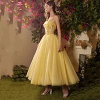 modern strapless sleeveless evening dress backless lace appliques up fashion tulle prom gown ankle length a line robe de soir%c3%a9e
