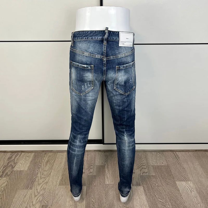 Italian Style Fashion Men Jeans High Quality Retro Blue Elastic Slim Fit Ripped Jeans Men Vintage Designer Brand Pants Hombre