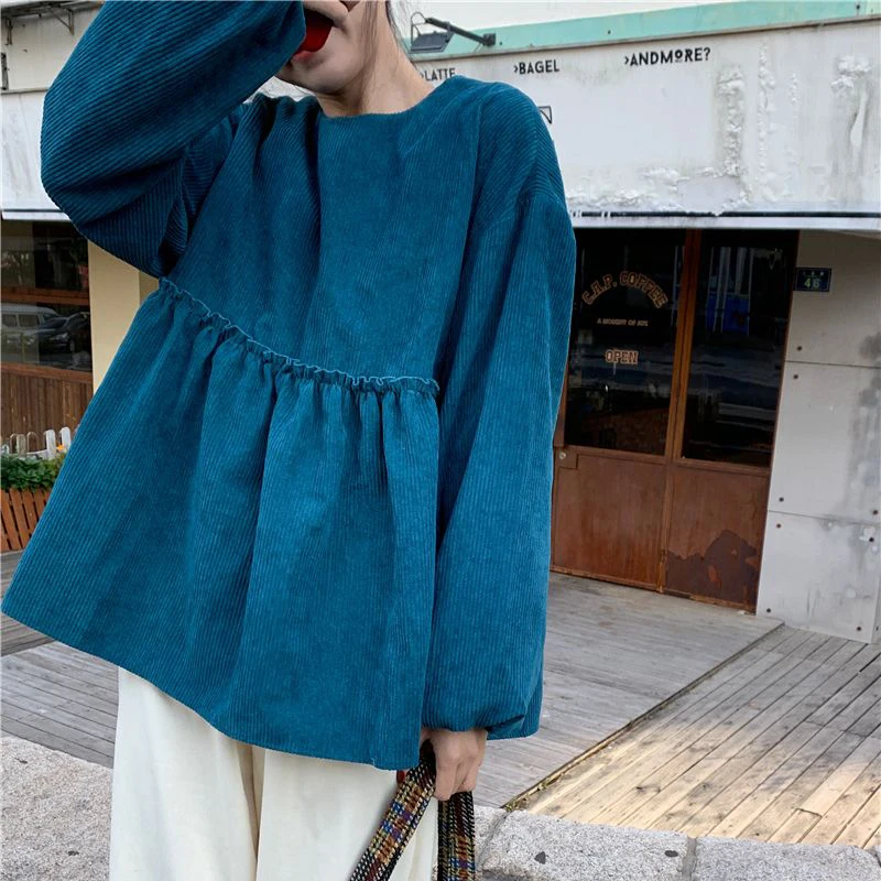 Женская Вельветовая футболка с длинным рукавом-фонариком