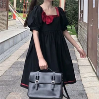 houzhou kawaii bow dress women sweet lolita dress short sleeve black square collar japanese preppy style party female robe