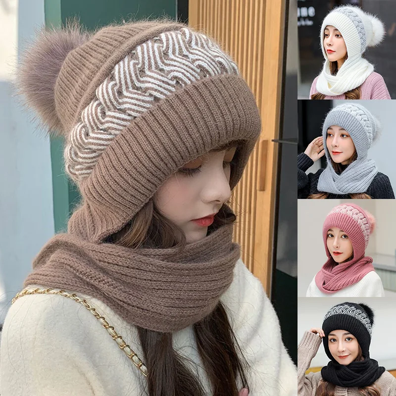 

Женская шапка-шарф, зимняя Флисовая теплая шерстяная вязаная шаль с капюшоном, шапка с меховым помпоном, ветрозащитные шапочки для велоспор...