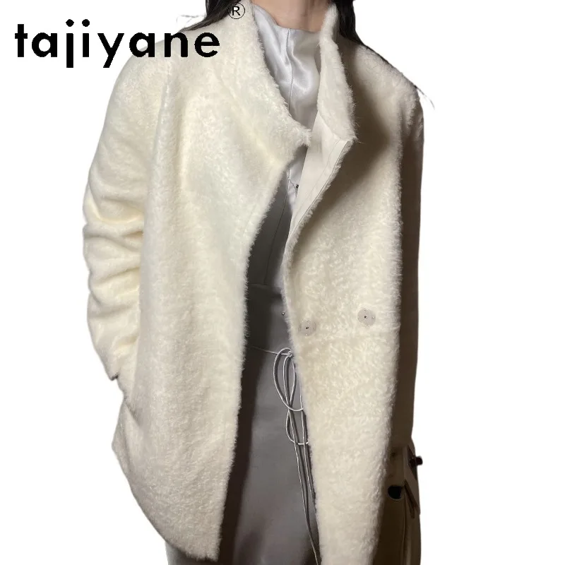 Фото TAJIYAN Rare Snow Peak White Baby Lagun Shearling Fur Coat Женское пальто свободного кроя Зимнее пальто Женская мягкая куртка из натурального меха Новинка №1
