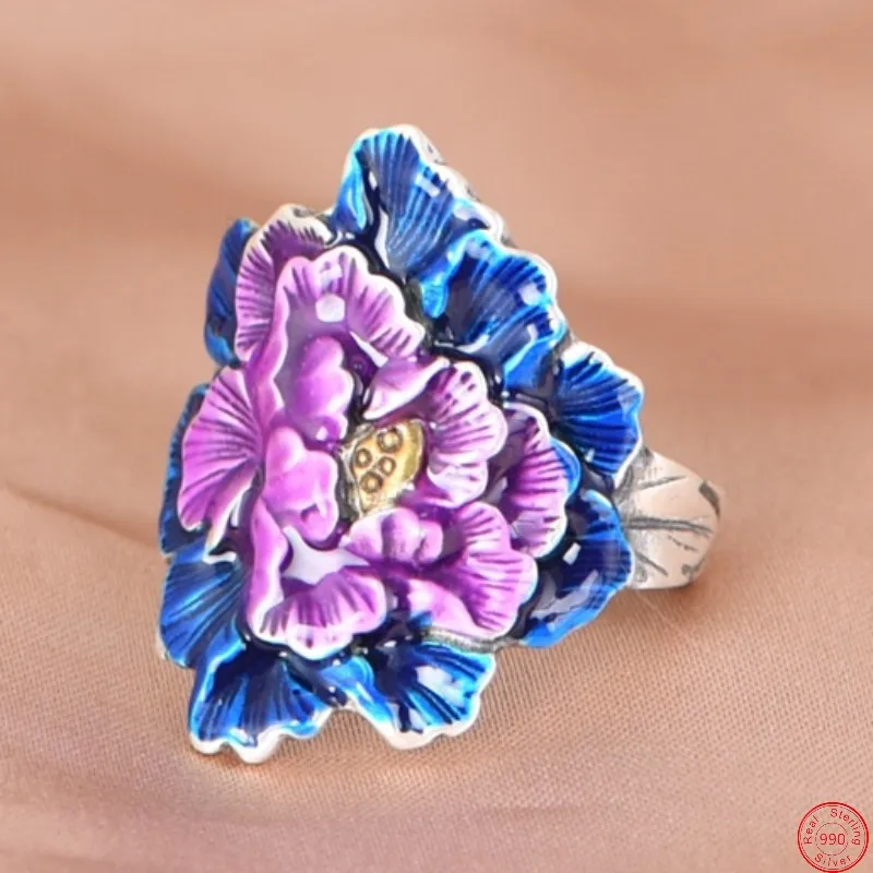 

Genuine S990 Sterling Silver Rings for Women 2023 New Women's Fashion Enamel Relief Big Peony Flower Wide Pure Argentum Jewelry