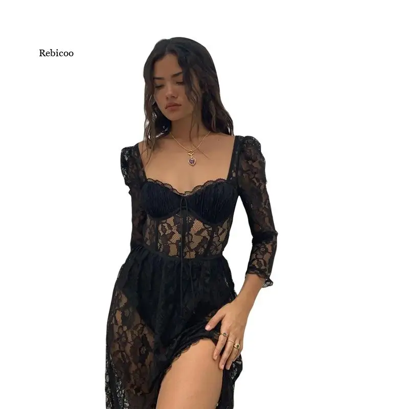 

2022 Y2K Sexy Party Vacation Beach Lace Long Dress Fashion Black Women's Spring Quarter Sleeve Mid-Calf Dresses Clubwear